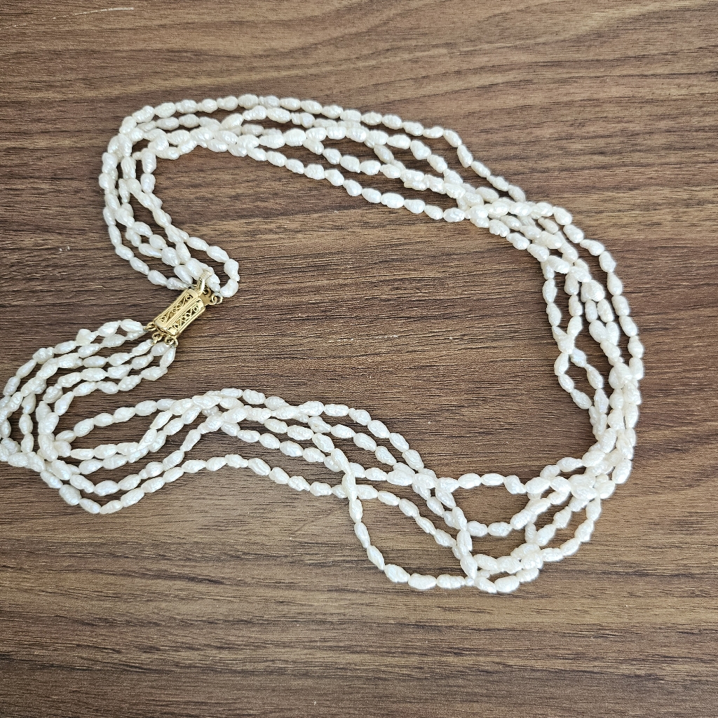 Vintage Five Strand Freshwater Pearl Necklace White Natural Rice Gold Box Clasp